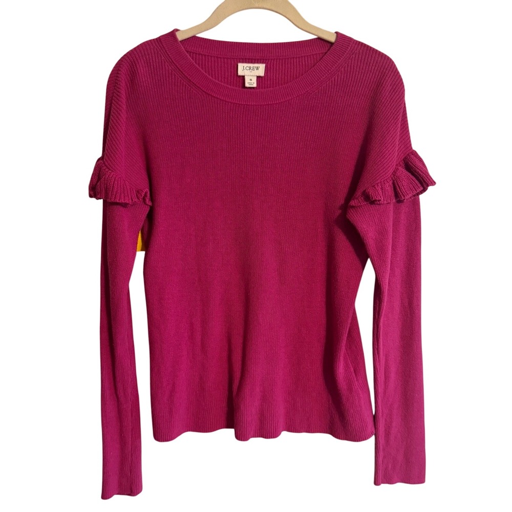 J.Crew Sweater Ruffle Sleeve Small Pink Womens Ribbed Cotton Crew Neck Pullover